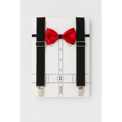 ERKEK BEBEK / ÇOCUK SİYAH PANTOLON ASKISI KIRMIZI PAPYON SET