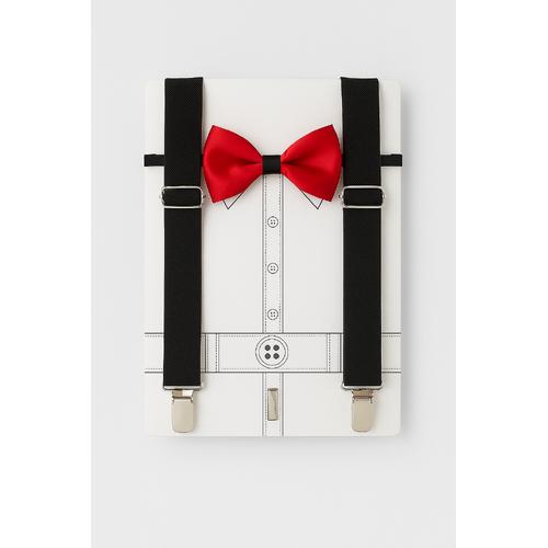 ERKEK BEBEK / ÇOCUK SİYAH PANTOLON ASKISI KIRMIZI PAPYON SET