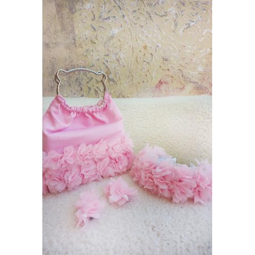 GÜMÜŞ SAPLI PEMBE ÇANTA PEMBE 2'Lİ TOKA PEMBE TAÇ / 4'LÜ AKSESUAR SETİ
