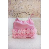 GÜMÜŞ SAPLI PEMBE ÇİÇEK DETAYLI PEMBE SATEN ÇANTA