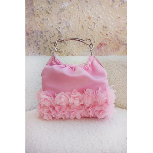 GÜMÜŞ SAPLI PEMBE ÇİÇEK DETAYLI PEMBE SATEN ÇANTA