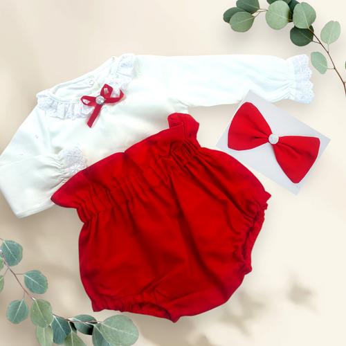 KIZ BEBEK KIRMIZI ROMPER BEYAZ BLUZ TAKIM