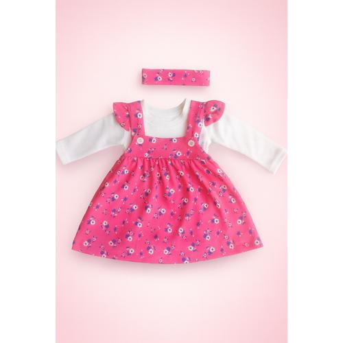 KIZ BEBEK PEMBE ÇİÇEKLİ YAZLIK ELBİSE BEYAZ BODY BANDANA TAKIM