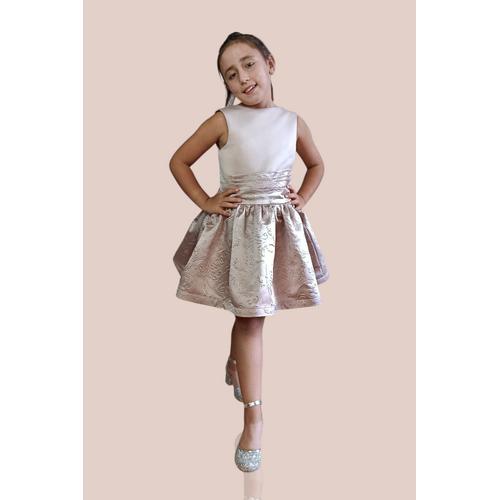 KIZ ÇOCUK BEJ SIRT DETAYLI SATEN ABİYE ELBİSE