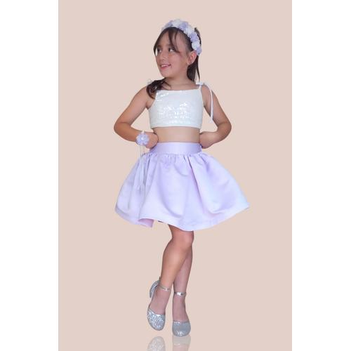 KIZ ÇOCUK BEYAZ ARKADAN BAĞLAMALI ASKILI PULLU CROP LİLA SATEN ETEK ABİYE TAKIM