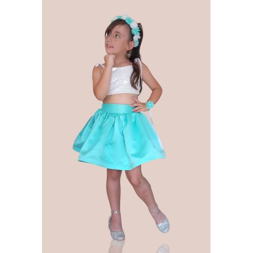 KIZ ÇOCUK BEYAZ ARKADAN BAĞLAMALI ASKILI PULLU CROP MİNT SATEN ETEK ABİYE TAKIM