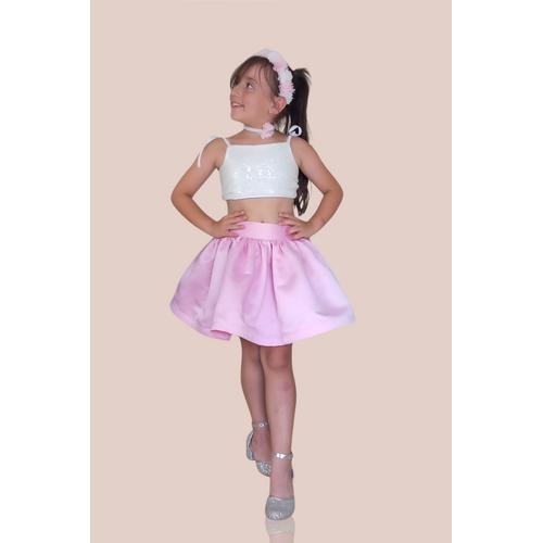 KIZ ÇOCUK BEYAZ ARKADAN BAĞLAMALI ASKILI PULLU CROP PEMBE SATEN ETEK ABİYE TAKIM