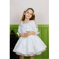 KIZ ÇOCUK BEYAZ ÇİÇEK VE TAŞ DETAYLI SATEN PRENSES ABİYE ELBİSE