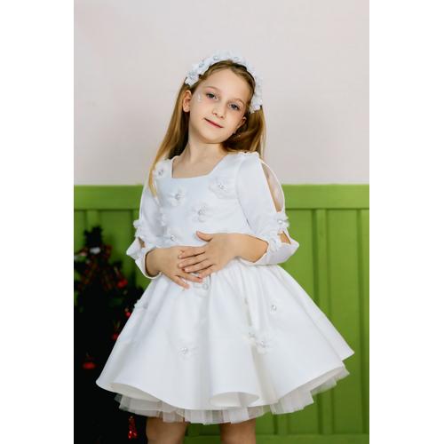 KIZ ÇOCUK BEYAZ ÇİÇEK VE TAŞ DETAYLI SATEN PRENSES ABİYE ELBİSE