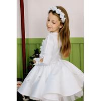 KIZ ÇOCUK BEYAZ ÇİÇEK VE TAŞ DETAYLI SATEN PRENSES ABİYE ELBİSE