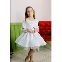 KIZ ÇOCUK BEYAZ ÇİÇEK VE TAŞ DETAYLI SATEN PRENSES ABİYE ELBİSE