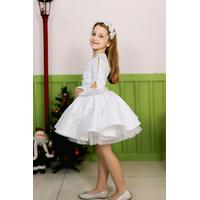 KIZ ÇOCUK BEYAZ ÇİÇEK VE TAŞ DETAYLI SATEN PRENSES ABİYE ELBİSE