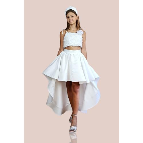 KIZ ÇOCUK BEYAZ KUYRUKLU SATEN ETEK SAÇAKLI CROP ABİYE TAKIM