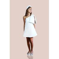 KIZ ÇOCUK BEYAZ TEK OMUZ PULLU FİYOK DETAYLI SATEN ABİYE ELBİSE