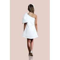 KIZ ÇOCUK BEYAZ TEK OMUZ PULLU FİYOK DETAYLI SATEN ABİYE ELBİSE