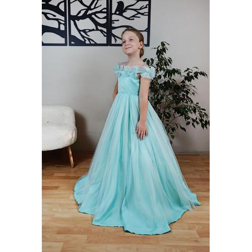 KIZ ÇOCUK ÇİÇEK DETAYLI MİNT PRENSES ELBİSE