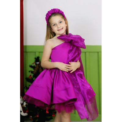 KIZ ÇOCUK FUŞYA TEK OMUZ FİYONK DETAYLI SATEN PRENSES ABİYE ELBİSE