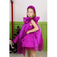 KIZ ÇOCUK FUŞYA TEK OMUZ FİYONK DETAYLI SATEN PRENSES ABİYE ELBİSE