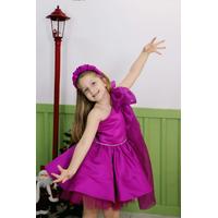 KIZ ÇOCUK FUŞYA TEK OMUZ FİYONK DETAYLI SATEN PRENSES ABİYE ELBİSE