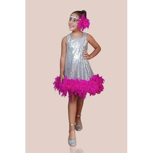 KIZ ÇOCUK GÜMÜŞ KARE YAKA ETEK UCU FUŞYA OTRİŞLİ PULLU ABİYE ELBİSE