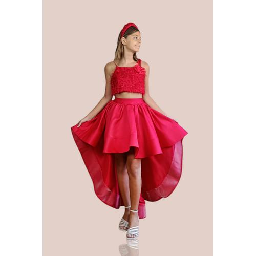 KIZ ÇOCUK KIRMIZI KUYRUKLU SATEN ETEK SAÇAKLI CROP ABİYE TAKIM