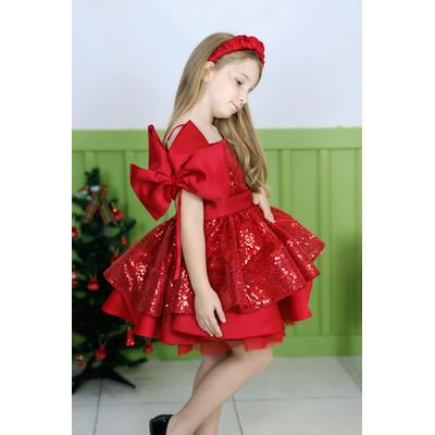 KIZ ÇOCUK KIRMIZI PULLU SATEN PRENSES ABİYE ELBİSE