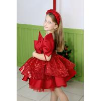 KIZ ÇOCUK KIRMIZI PULLU SATEN PRENSES ABİYE ELBİSE