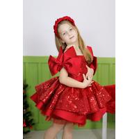 KIZ ÇOCUK KIRMIZI PULLU SATEN PRENSES ABİYE ELBİSE
