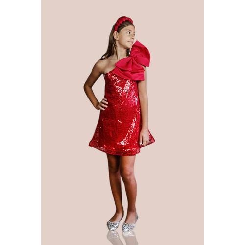 KIZ ÇOCUK KIRMIZI TEK OMUZ SATEN FİYOK DETAYLI PULLU ABİYE ELBİSE