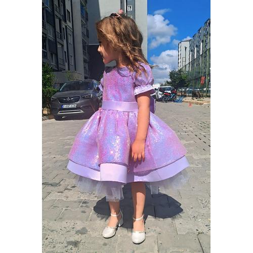 KIZ ÇOCUK LİLA PULLU KABARIK LBİSE