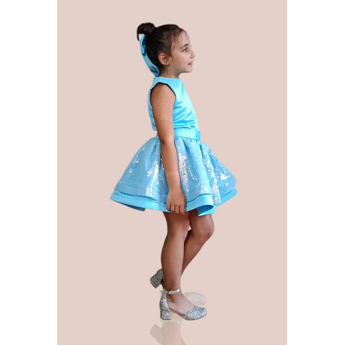 KIZ ÇOCUK MAVİ ETEĞİ PULLU SATEN ABİYE ELBİSE