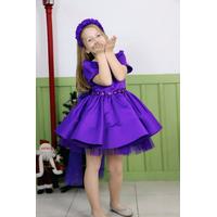 KIZ ÇOCUK MOR ÇİÇEK VE FİYONK DETAYLI SATEN PRENSES ABİYE ELBİSE
