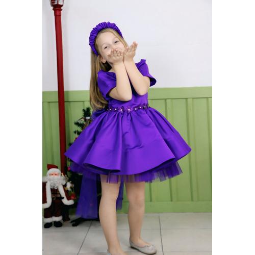 KIZ ÇOCUK MOR ÇİÇEK VE FİYONK DETAYLI SATEN PRENSES ABİYE ELBİSE