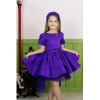 KIZ ÇOCUK MOR ÇİÇEK VE FİYONK DETAYLI SATEN PRENSES ABİYE ELBİSE