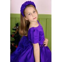 KIZ ÇOCUK MOR ÇİÇEK VE FİYONK DETAYLI SATEN PRENSES ABİYE ELBİSE