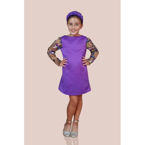 KIZ ÇOCUK MOR KOLLARI DANTELLİ SATEN ABİYE ELBİSE