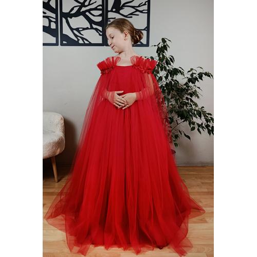 KIZ ÇOCUK PELERİN DETAYLI KIRMIZI PRENSES ELBİSE