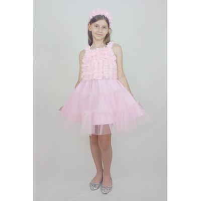 KIZ ÇOCUK PEMBE ÇİÇEKLİ TÜLLÜ ELBİSE