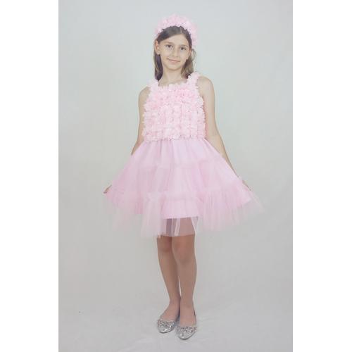 KIZ ÇOCUK PEMBE ÇİÇEKLİ TÜLLÜ ELBİSE