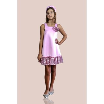 KIZ ÇOCUK PEMBE KARE YAKA PULLU FIRFIR VE ÇİÇEK DETAYLI ABİYE ELBİSE