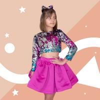 KIZ ÇOCUK RENKLİ FUŞYA ETEK CROP TAKIM
