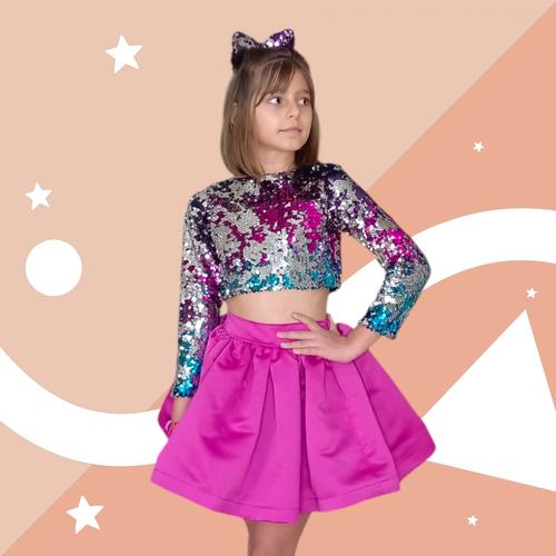 KIZ ÇOCUK RENKLİ FUŞYA ETEK CROP TAKIM