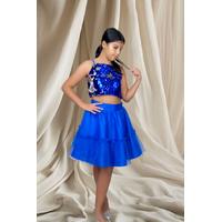 KIZ ÇOCUK SAKS MAVİSİ PAYETLİ ASKILI CROP SAKS MAVİSİ ETEK ABİYE TAKIM