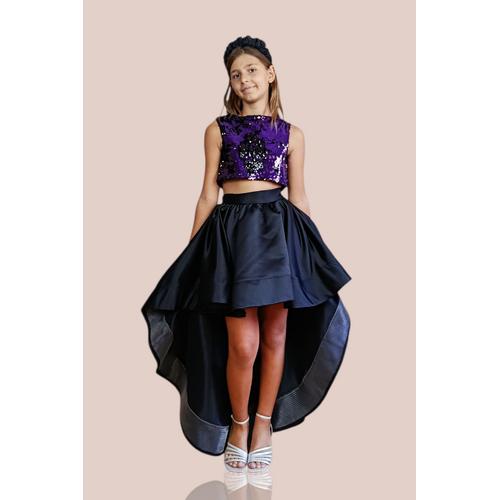 KIZ ÇOCUK SİYAH - MOR PAYET CROP SİYAH KUYRUKLU SATEN ETEK ABİYE TAKIM