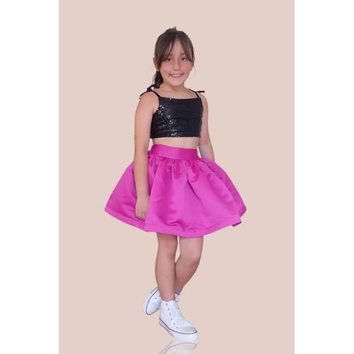 KIZ ÇOCUK SİYAH ARKADAN BAĞLAMALI ASKILI PULLU CROP FUŞYA SATEN ETEK ABİYE TAKIM