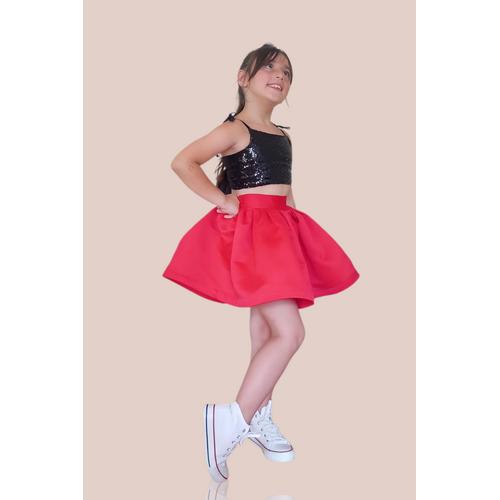 KIZ ÇOCUK SİYAH ARKADAN BAĞLAMALI ASKILI PULLU CROP KIRMIZI SATEN ETEK ABİYE TAKIM