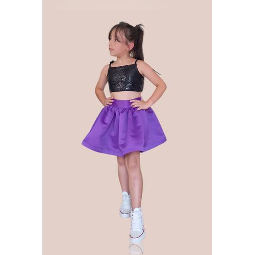 KIZ ÇOCUK SİYAH ARKADAN BAĞLAMALI ASKILI PULLU CROP MOR SATEN ETEK ABİYE TAKIM