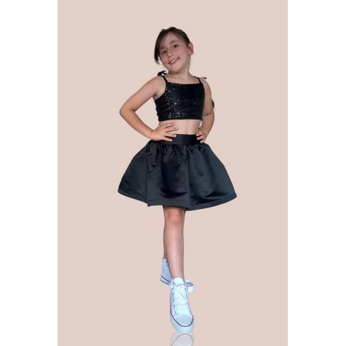 KIZ ÇOCUK SİYAH ARKADAN BAĞLAMALI ASKILI PULLU CROP SİYAH SATEN ETEK ABİYE TAKIM