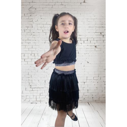 KIZ ÇOCUK SİYAH GÜMÜŞ PÜSKÜLLÜ DANS KOSTÜMÜ - 23 NİSAN GÖSTERİ KIYAFETLERİ