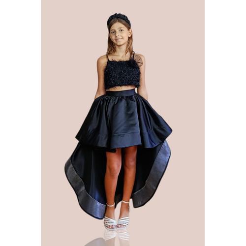 KIZ ÇOCUK SİYAH KUYRUKLU SATEN ETEK SAÇAKLI CROP ABİYE TAKIM